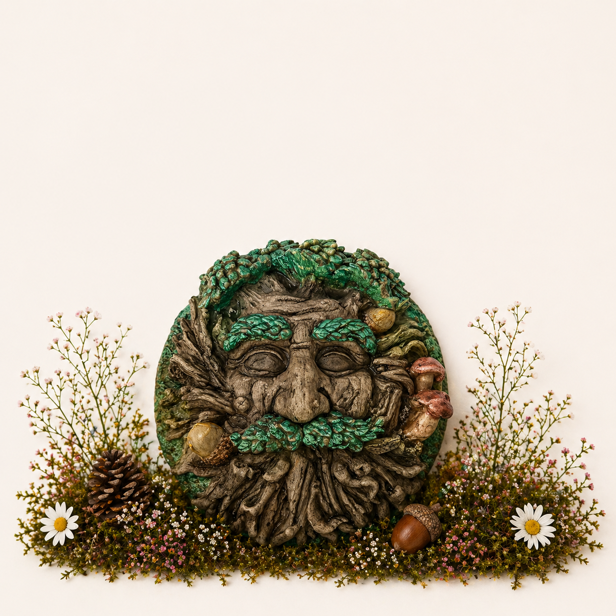 Greenman plaque, dark greens with acorn feature.